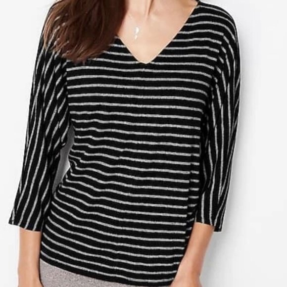 J. JILL WEAREVER COLLECTION V-Neck Black Cream Striped Dolman Top Size S - Picture 2 of 10